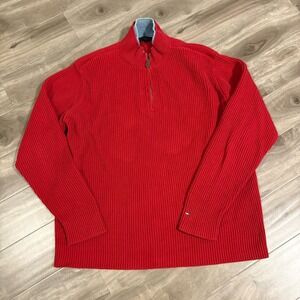 Tommy Hilfiger Men Quarter 1/4 Zip Pullover Size XXL 2XL Red Cotton Sweater‎ LS